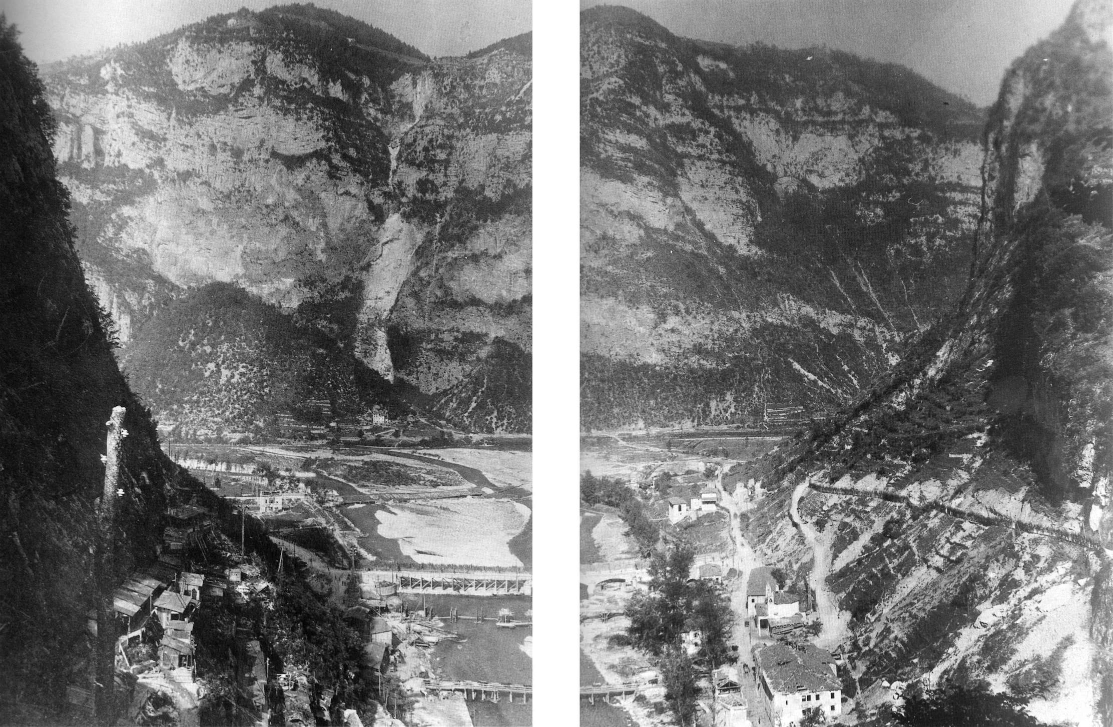 Panoramic black-and-white image of the Cismon River Gorge and the Brenta River Valley during World War I. Buildings are crumbling, bridges are destroyed.