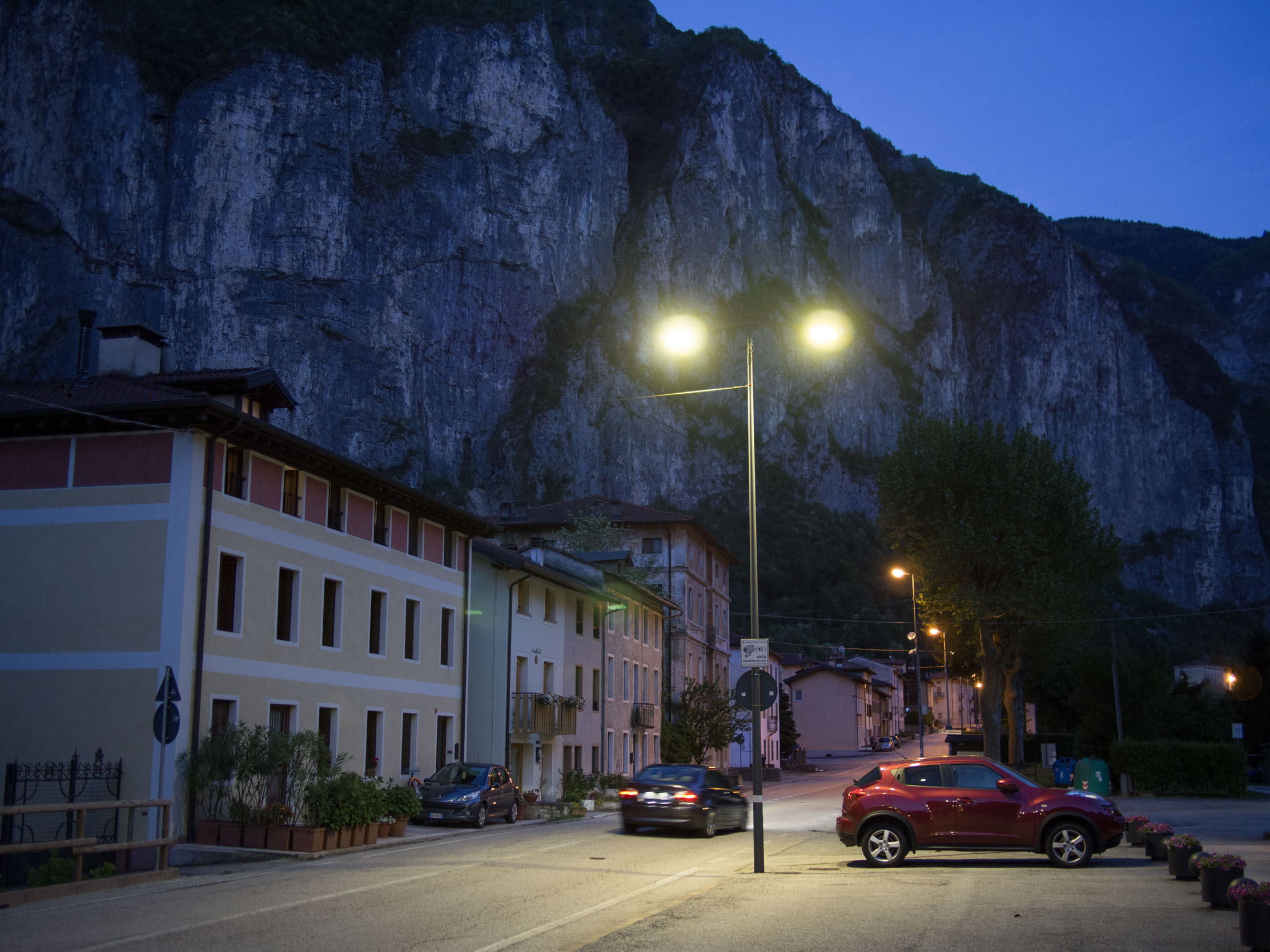 View of Cismon del Grappa at dusk, outside the train station