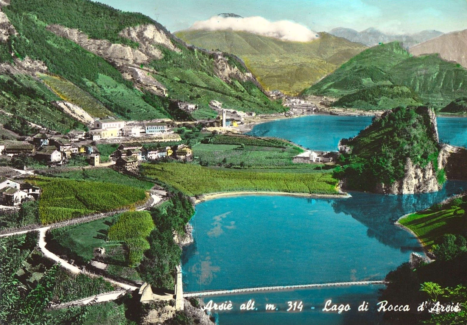 Postcard of Rocca with Lake Corlo, after the Corlo Dam was built